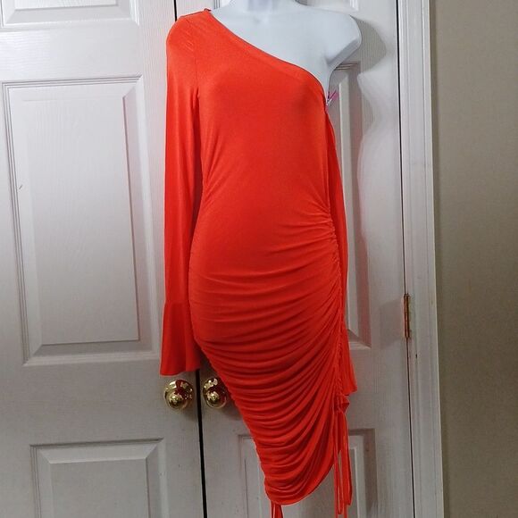 Fashion Nova Get It RIght  Midi Dress Neon Orange Sz M NWT - Picture 1 of 11